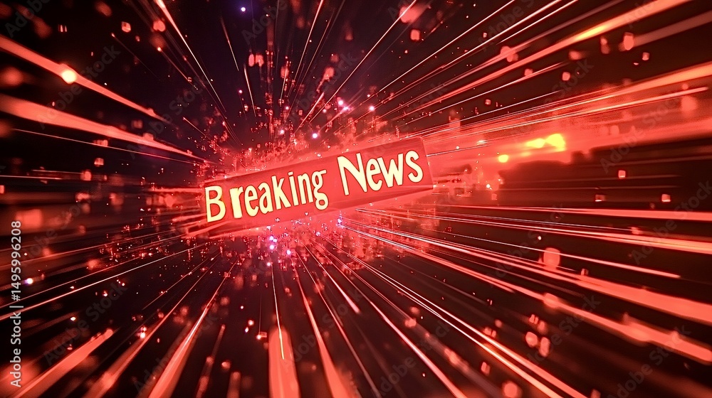 Poster breaking news sign exploding with red light trails and particles