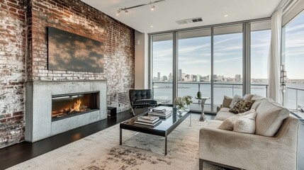 Contemporary urban living room with exposed brick fireplace.