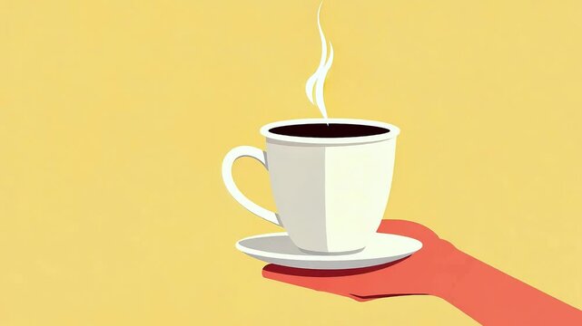 Hand holding white coffee mug isolated on yellow background. Coffee to go concept, vector cartoon style	