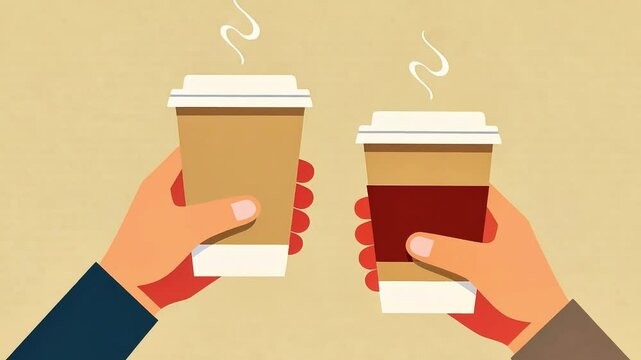 Two paper cups of hot coffee drink in two hands, isolated on yellow. Coffee to go concept, vector cartoon style. Banner or background, design template	