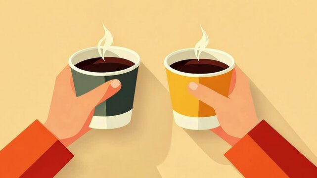 Two paper cups of hot coffee drink in two hands, isolated on yellow. Coffee to go concept, vector cartoon style. Banner or background, design template	