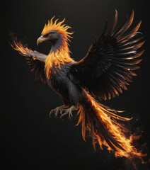 A single blazing phoenix against a pure black backdrop ,  energy,  black,  isolated