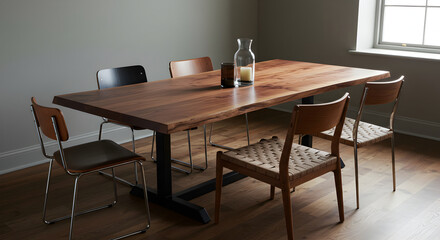 Elegant Dining Space With Wooden Table, Assorted Chairs, And Minimalist Decor