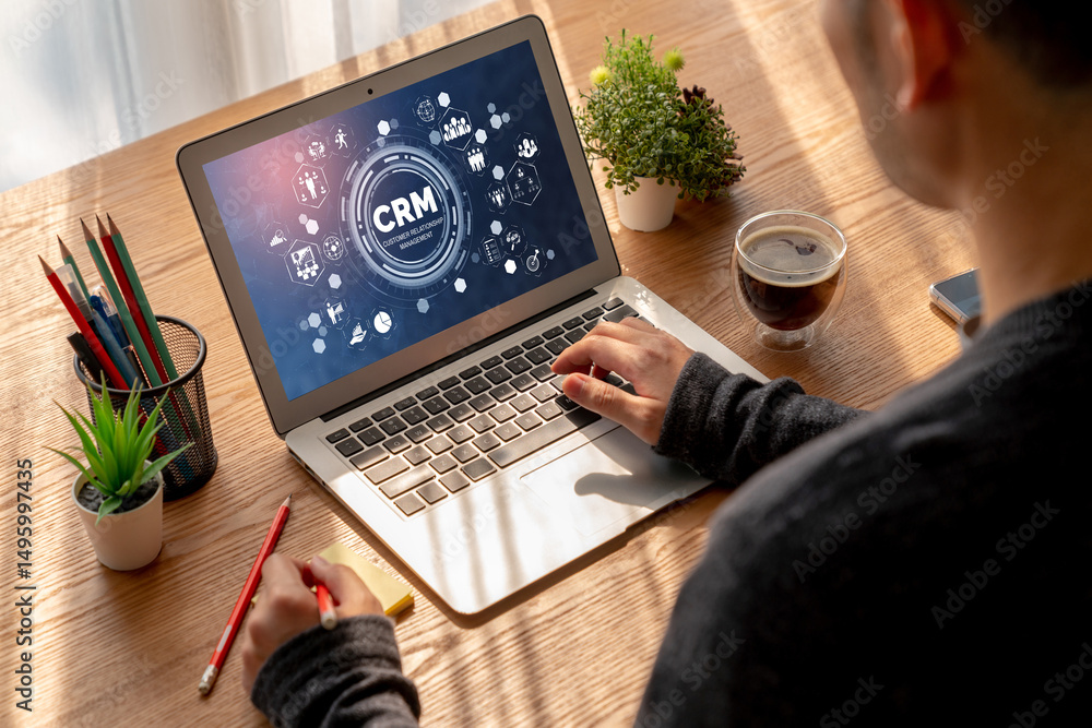 Poster customer relationship management system on modish computer for crm business and enterprise