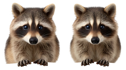 Obraz premium Raccoon, curious front view and side view with hands forward, isolated on white background