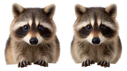 Raccoon, curious front view and side view with hands forward, isolated on white background