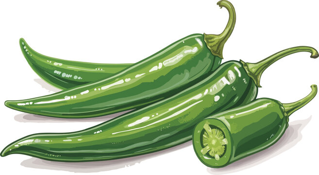 Fresh Green Chili Peppers on White Background Vector Illustration