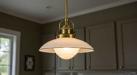 Obraz premium Glowing Brass Kitchen Pendant Illuminates an Elegant Interior Space