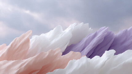 Abstract mountain landscape with pastel colors. Soft pink, white, and purple shapes resembling peaks. Dreamy, ethereal artwork for wall decor, relaxation concept. Misty atmosphere.