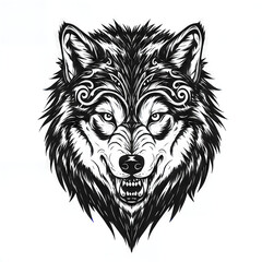 Fototapeta premium Fierce Wolf Head Print, Intricate Line Art, Black and White, Bold Statement Design for Apparel