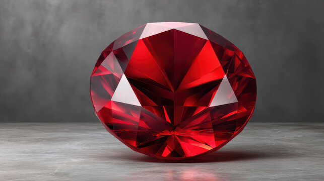 A perfectly cut ruby gemstone glistens with intense red color and captivating sparkle against a simple gray background, highlighting its brilliance and clarity.