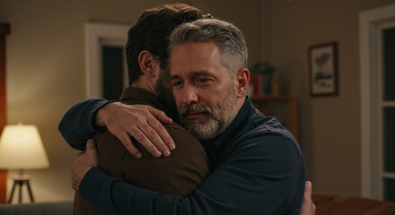 Two men embracing warmly in a cozy living room at night  