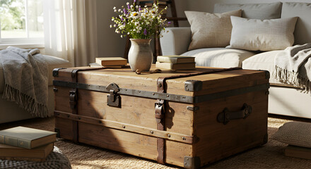 Rustic Wooden Trunk Coffee Table With Daisies In A Cozy Living Room