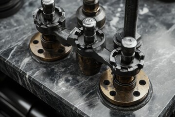 Close-up of steampunk-style industrial mechanical parts on a marble surface.