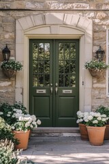 Naklejka premium Charming green front door framed by stone walls and blooming flower pots in a serene garden setting during daylight hours
