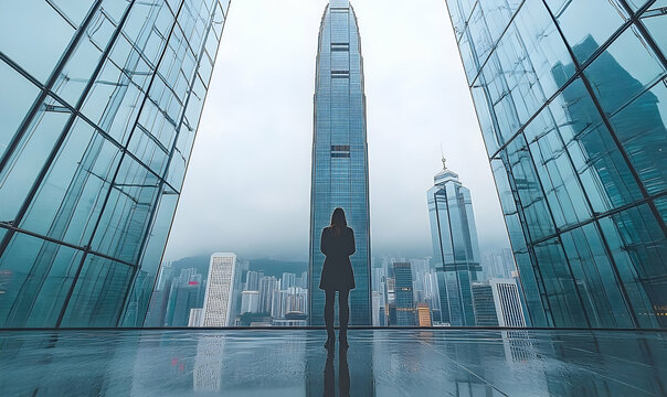 Silhouette of a woman standing in a modern building looking at a city skyline, on a cloudy day