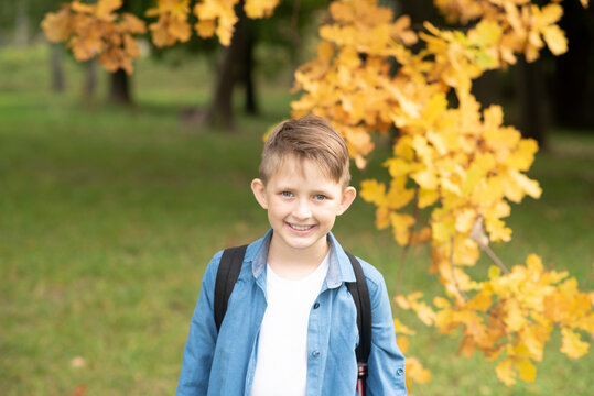 Portrait of a 9 year old boy in a white T-shirt, blue shirt, with a backpack in an autumn park.