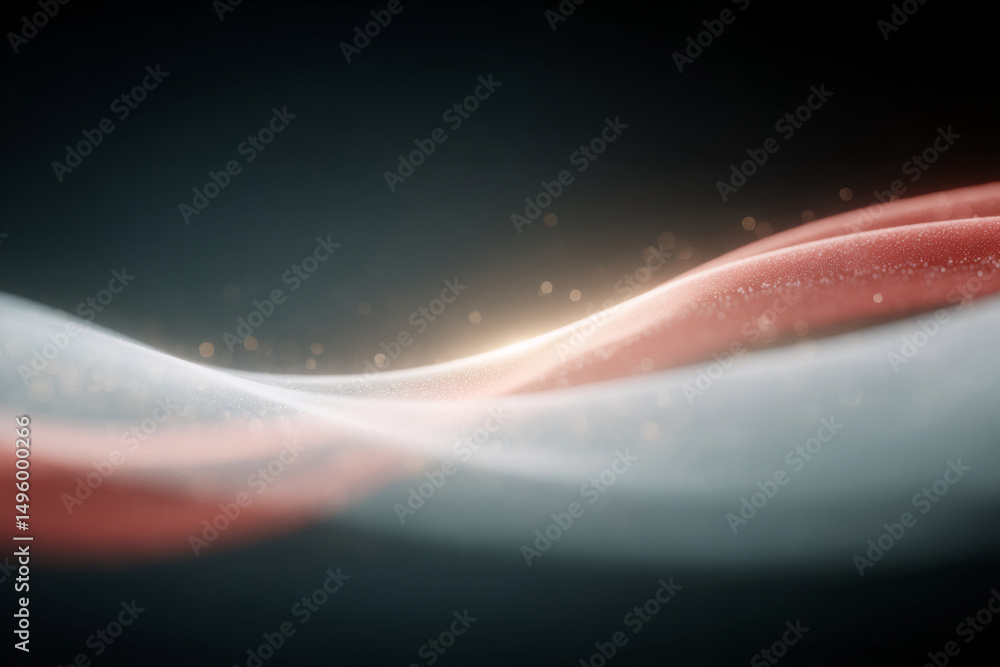 Poster abstract red and white waves on dark background with sparkles. flowing light effect. digital art for