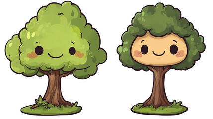 Fototapeta premium Two cheerful cartoon trees embodying growth and positivity radiating joy in a vibrant forest on transparent background