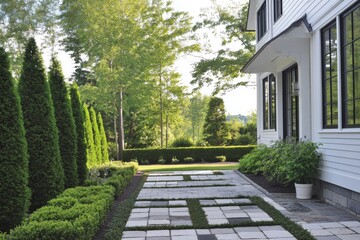 A peaceful garden pathway unfolds, flanked by neatly trimmed hedges and vibrant greenery, all bathed in the warm glow of the afternoon sun within a tranquil suburban neighborhood
