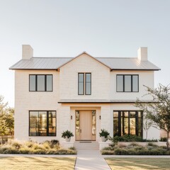 Modern white house exterior view with large windows and a landscaped yard situated on a sunny day showcasing elegant architectural design and inviting entrance