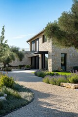 Stunning modern stone house surrounded by lush gardens on a sunny day with clear blue skies and olive trees in the landscape