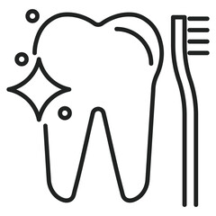 Tooth is clean and shines with a toothbrush next to it, representing dental care and oral hygiene in a simple line art drawing.