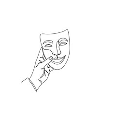 Line art of a hand touching a theatrical mask in a minimalist style