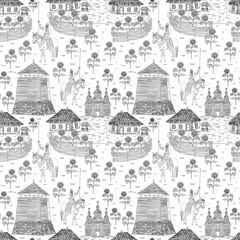 Fototapeta premium Ukraine, Cossack settlement of the city of Zaporozhye, Khortytsia, white and black colors, line art. Seamless floral pattern-727.