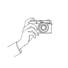 Hand holding a vintage camera ready to take a photo on a plain white background