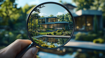 A woman's hand holds a magnifying glass aimed at a luxury private house in the suburbs. The concept of buying, renting, evaluating and real estate services