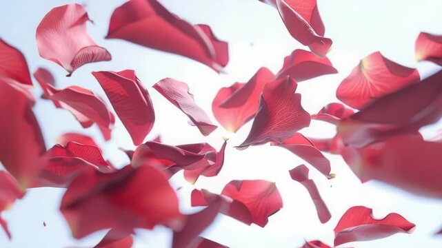 Falling red rose petals against a bright sky in a romantic and dreamy visual style