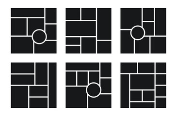 Moodboard grid. Collage template. Mood board backgrounds. Photomontage pictures layout. Set mosaic frames. Collection square mockups. Album scrapbook card. Social media layout. Vector illustration