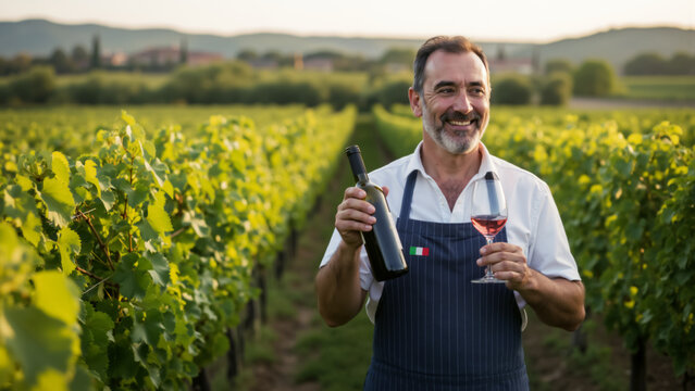 Smiling sommelier presenting red wine bottle and glass in Italian vineyard. Proud winemaker showcasing Italian wine culture and viticulture. Hospitality concept.