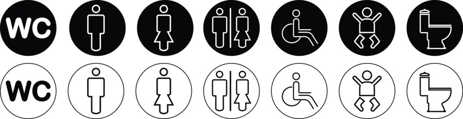 Set of Toilet icons. Male, female and disabled toilet symbol, toilet signs, WC toilet signs, Baby change. vector illustration 