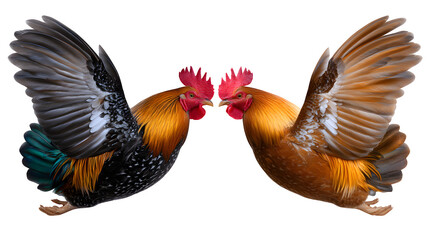 Obraz premium Two roosters in a dramatic mid-jump fight, feathers flying, isolated on transparent background