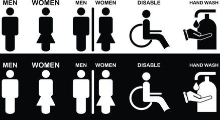 Gender and Disability Restroom icons Set. Male, female and disabled toilet symbol, washroom signs, WC toilet, Hand wash signs isolated on transparent Background. vector illustration 