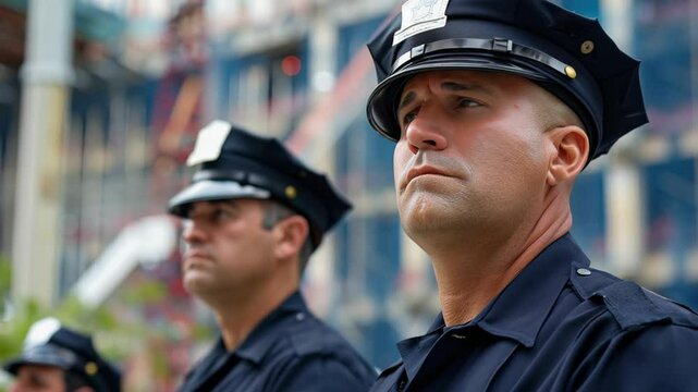 Police officers stand solemn with focused expressions during ceremony