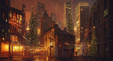Obraz premium Winter Cityscape at Night with Snow and Holiday Lights 