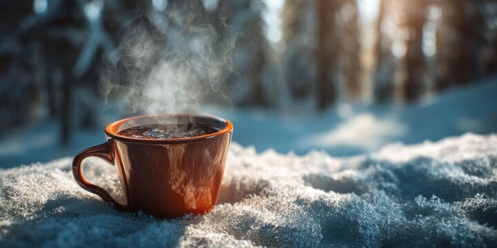 Cozy Hot Beverage on Snowy Forest Surface in Winter Landscape
