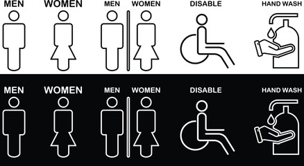 Gender and Disability Restroom icons Set. Male, female and disabled toilet symbol, washroom signs, WC toilet, Hand wash signs isolated on transparent Background. vector illustration 