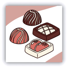 Mouthwatering topdown perspective of assorted chocolate pralines including dark milk and white chocolates beautifully presented on a white background with a variety of toppings and decorations