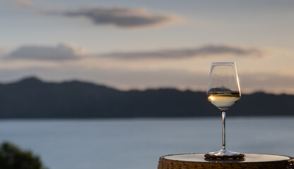A glass of white wine with a scenic background