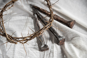 Crown of Thorns and Holy Nails associated with the Passion of Jesus Christ. Symbol of the...