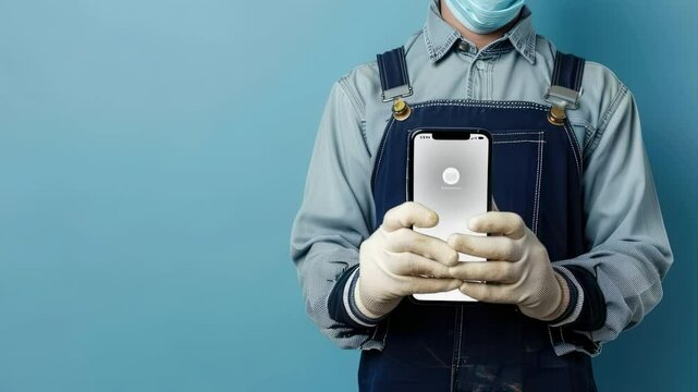 Worker in overalls and mask holding a smartphone against a blue background, showcasing app interface