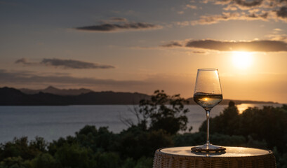 A glass of white wine with a scenic background
