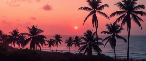 Fototapeta premium Tropical sunset with silhouetted palms against a vibrant red and orange sky over the ocean at dusk.