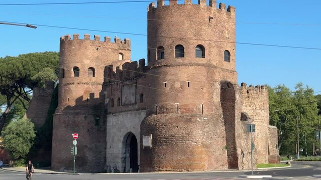 Ancient gate in Rome&rsquo;s Aurelian Walls. Historic stone archway serving as an entrance to the city&rsquo;s defensive walls, showcasing Roman military architecture.

