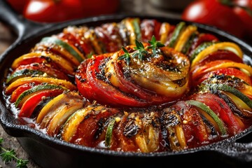 Colorful concentric vegetable spiral simmers in rustic cast iron skillet. Bright layers of zucchini and tomatoes surrounded by bubbling tomato sauce