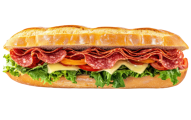 Long sub sandwich with lots of meat and vegetables